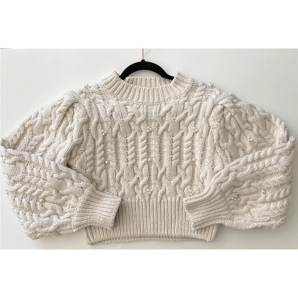 Zara CABLE KNIT CROP PEARL SWEATER size Large - Picture 1 of 15